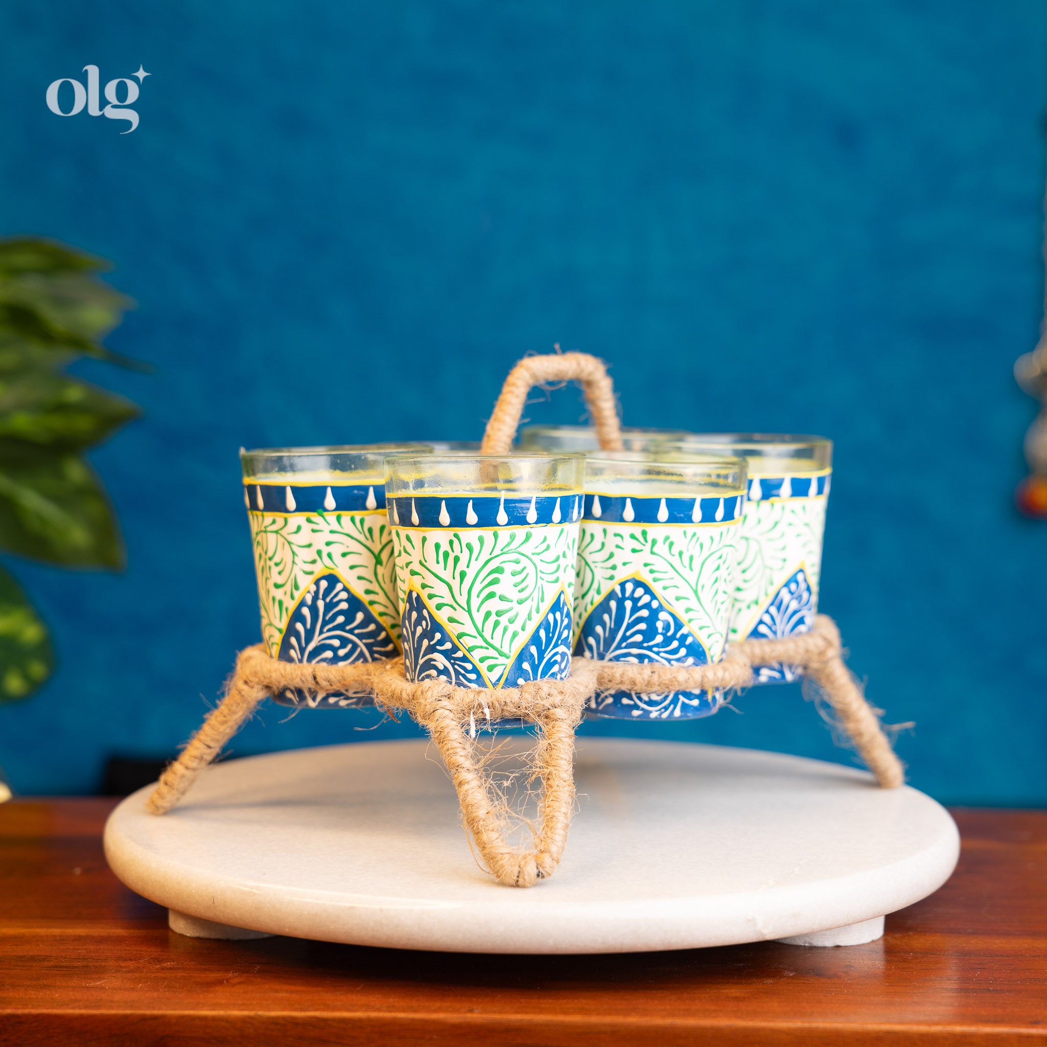 Hand-Painted Desi Indian Kettle & Glass Tea Set