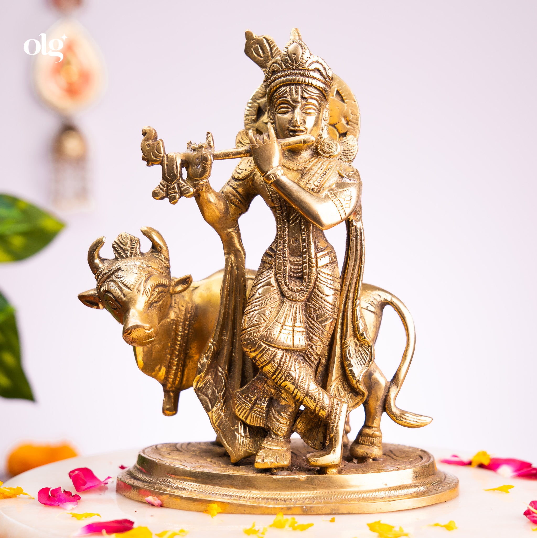 Brass Krishna Fluting with Sacred Cow