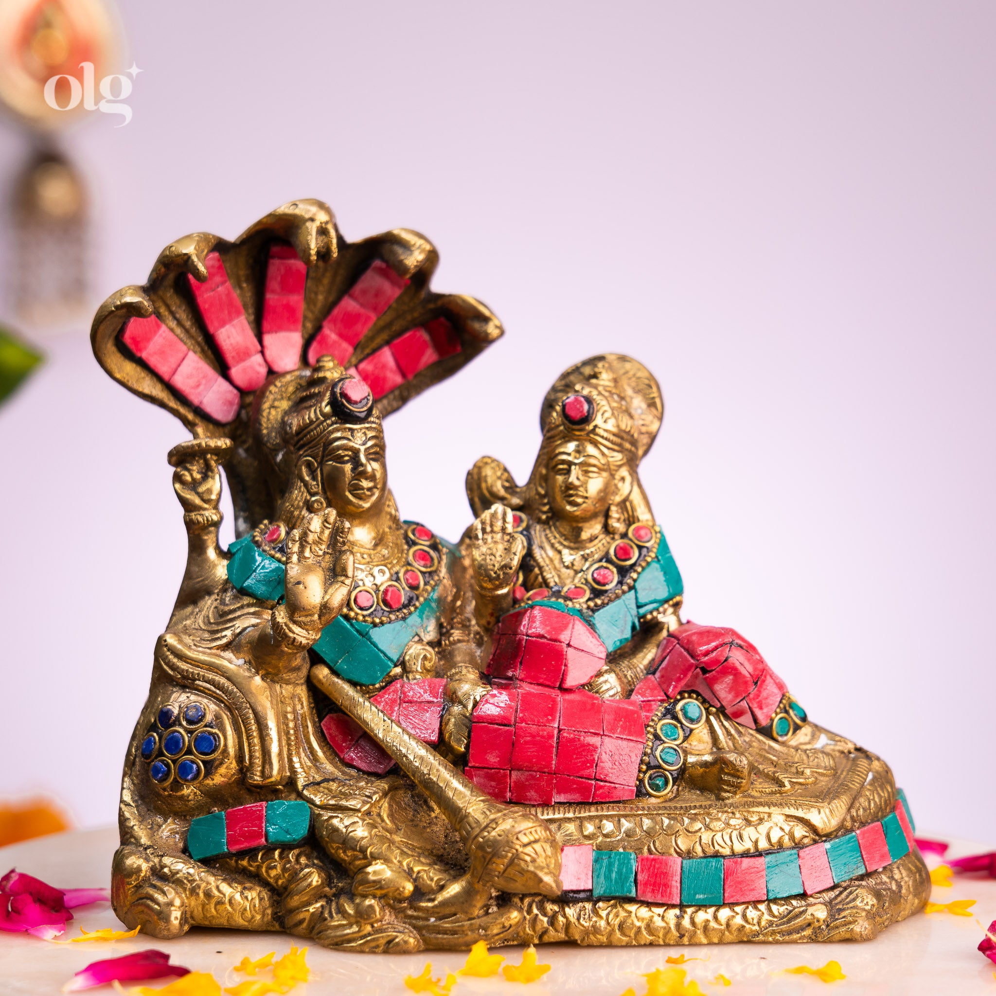 Multicolor Brass Vishnu Lakshmi on Shesha Naag Idol