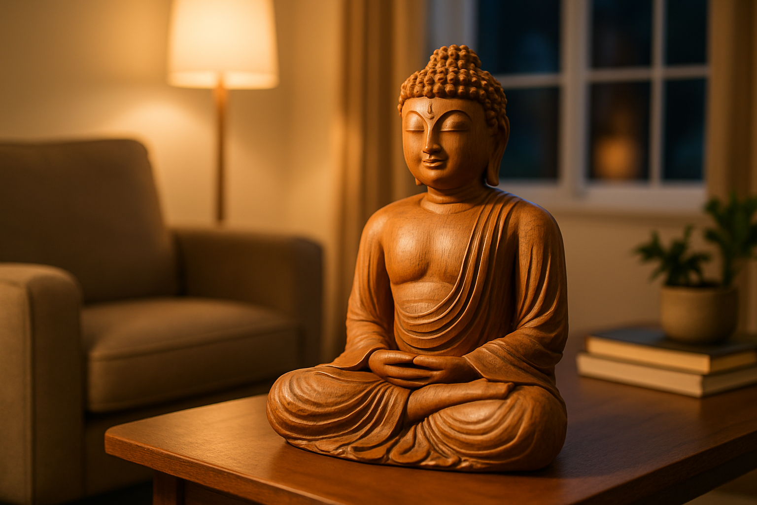 Make a small wooden buddha on the side table in livng room