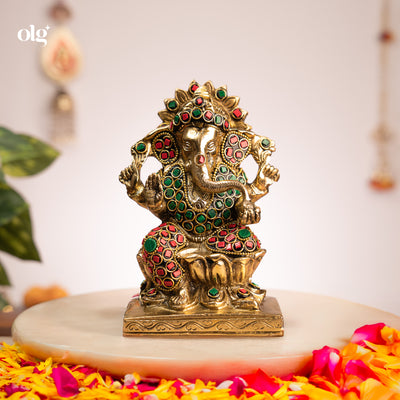 Antique brass Ganesha idol with gemstone inlay, 7 inch, handcrafted