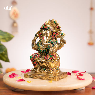 Antique brass Ganesha idol with gemstone inlay, 7 inch, handcrafted