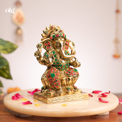 Antique brass Ganesha idol with gemstone inlay, 7 inch, handcrafted