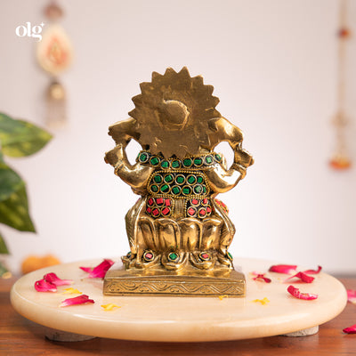 Antique brass Ganesha idol with gemstone inlay, 7 inch, handcrafted