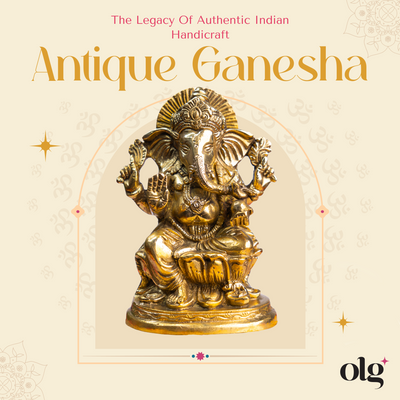 Antique brass Ganesha idol seated on lotus base, 7 inch, handcrafted