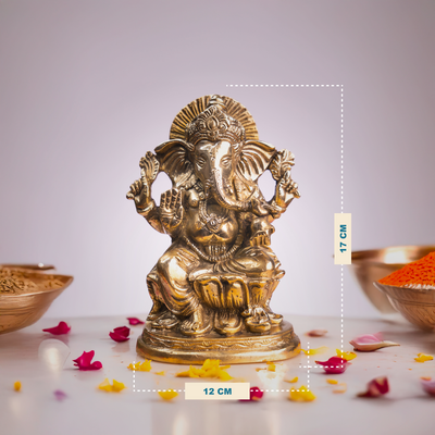 Antique brass Ganesha idol on lotus base - size dimensions chart, 7 inch