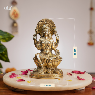 Brass seated Goddess Lakshmi idol on lotus, 7 inch, handcrafted