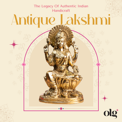 Brass seated Goddess Lakshmi idol on lotus, 7 inch, handcrafted