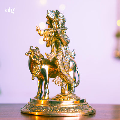 Brass Krishna idol fluting beside a cow, 7.5 inch, handcrafted murti