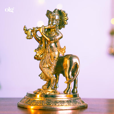 Brass Krishna idol fluting beside a cow, 7.5 inch, handcrafted murti
