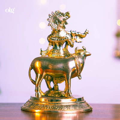 Brass Krishna idol fluting beside a cow, 7.5 inch, handcrafted murti