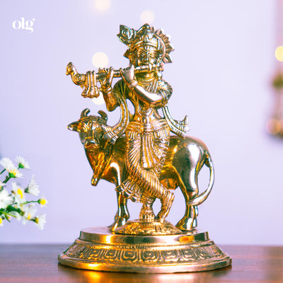 Brass Krishna idol fluting beside a cow, 7.5 inch, handcrafted murti