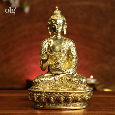 Brass Blessing Buddha statue on lotus base, handcrafted