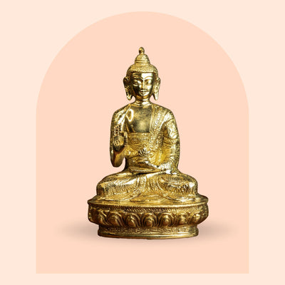 Brass Blessing Buddha statue on lotus base, handcrafted
