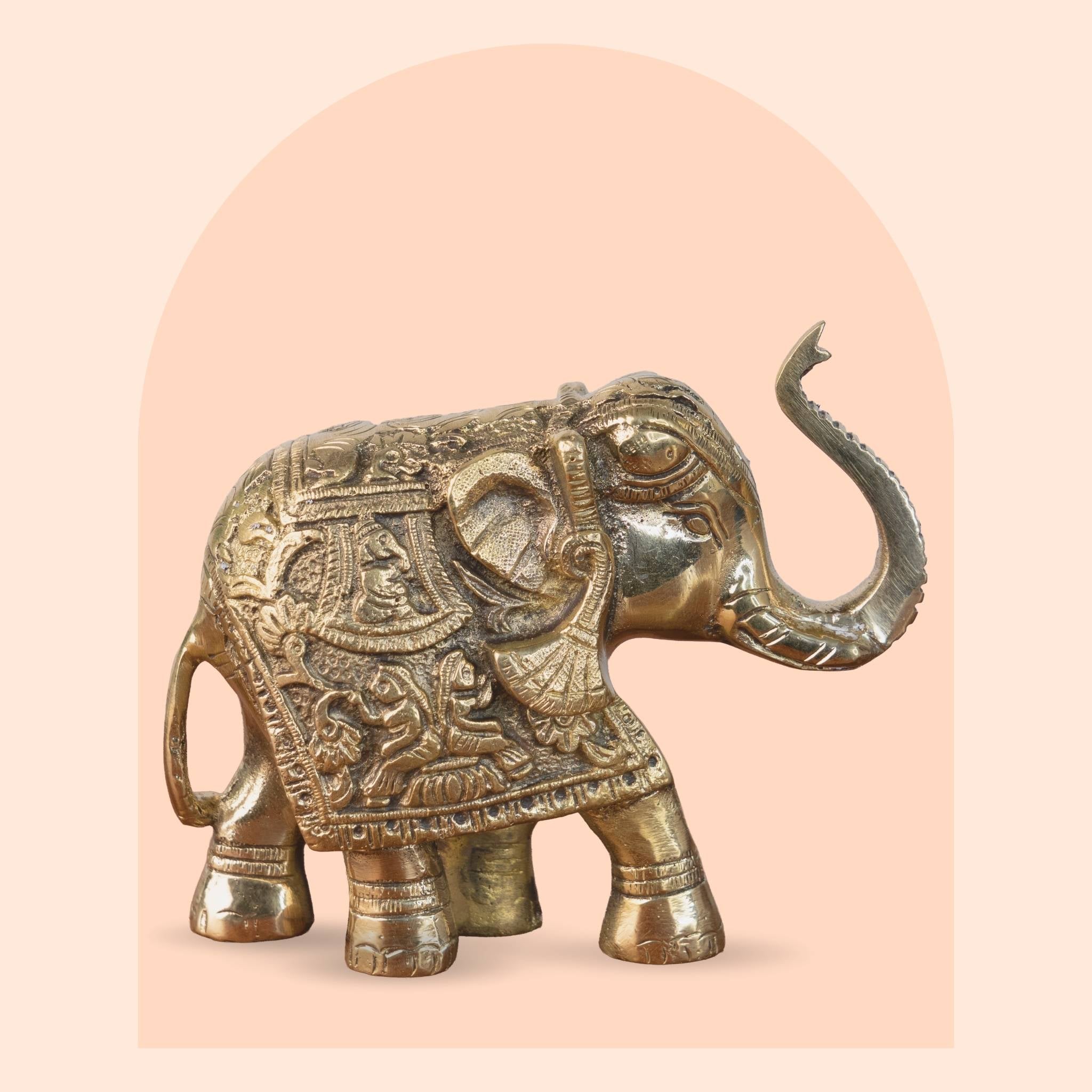Brass Elephant with Carvings & Trunk Up (3.5 Inch)