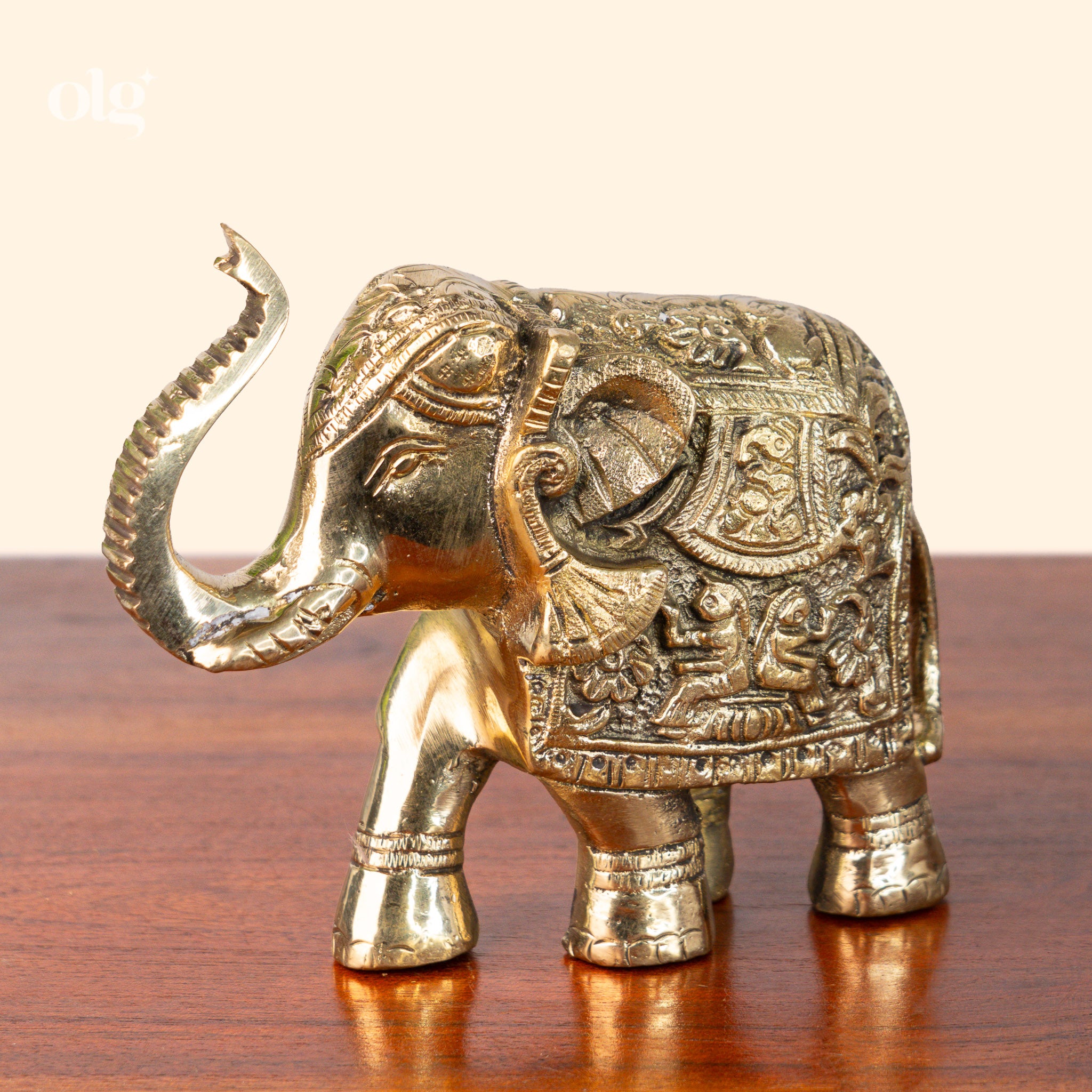 Brass Elephant with Carvings & Trunk Up (3.5 Inch)