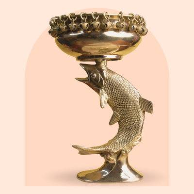 Brass fish-shaped urli bowl for floating flowers and diyas, 11 inch