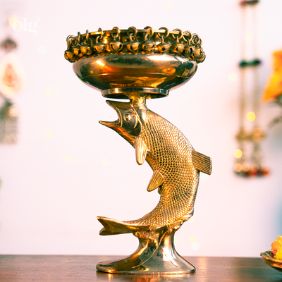 Brass fish-shaped urli bowl for floating flowers and diyas, 11 inch