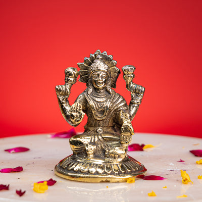 Brass seated Goddess Lakshmi idol on lotus, 4 inch, handcrafted