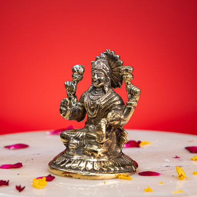 Brass seated Goddess Lakshmi idol on lotus, 4 inch, handcrafted