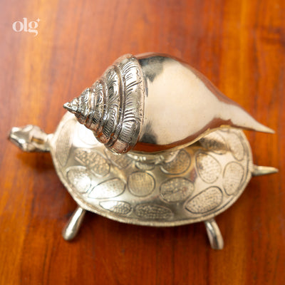 Brass tortoise base with conch shell showpiece, 7 inch, Vastu decor