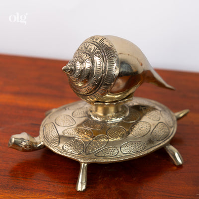 Brass tortoise base with conch shell showpiece, 7 inch, Vastu decor