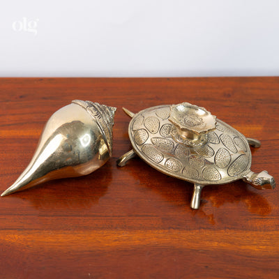 Brass tortoise base with conch shell showpiece, 7 inch, Vastu decor