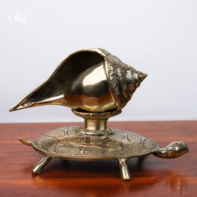 Brass tortoise base with conch shell showpiece, 7 inch, Vastu decor