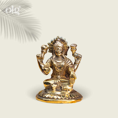 Brass seated Goddess Lakshmi idol on lotus, 4 inch, handcrafted
