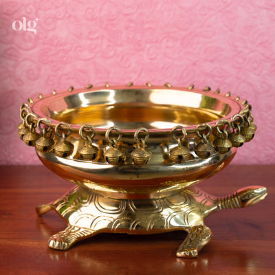 Brass turtle-base urli bowl for Vastu and home decor, 9 inch