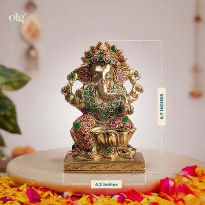 Antique brass Ganesha idol with gemstones - size dimensions chart, 7 inch