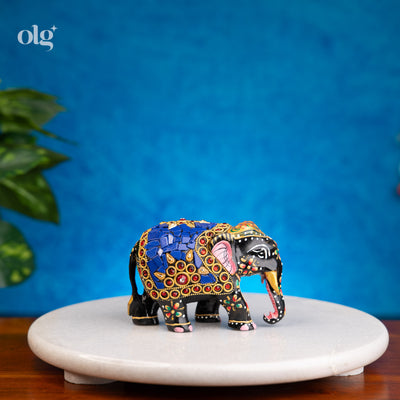 Hand-painted black and blue wooden elephant figurine with mosaic inlay