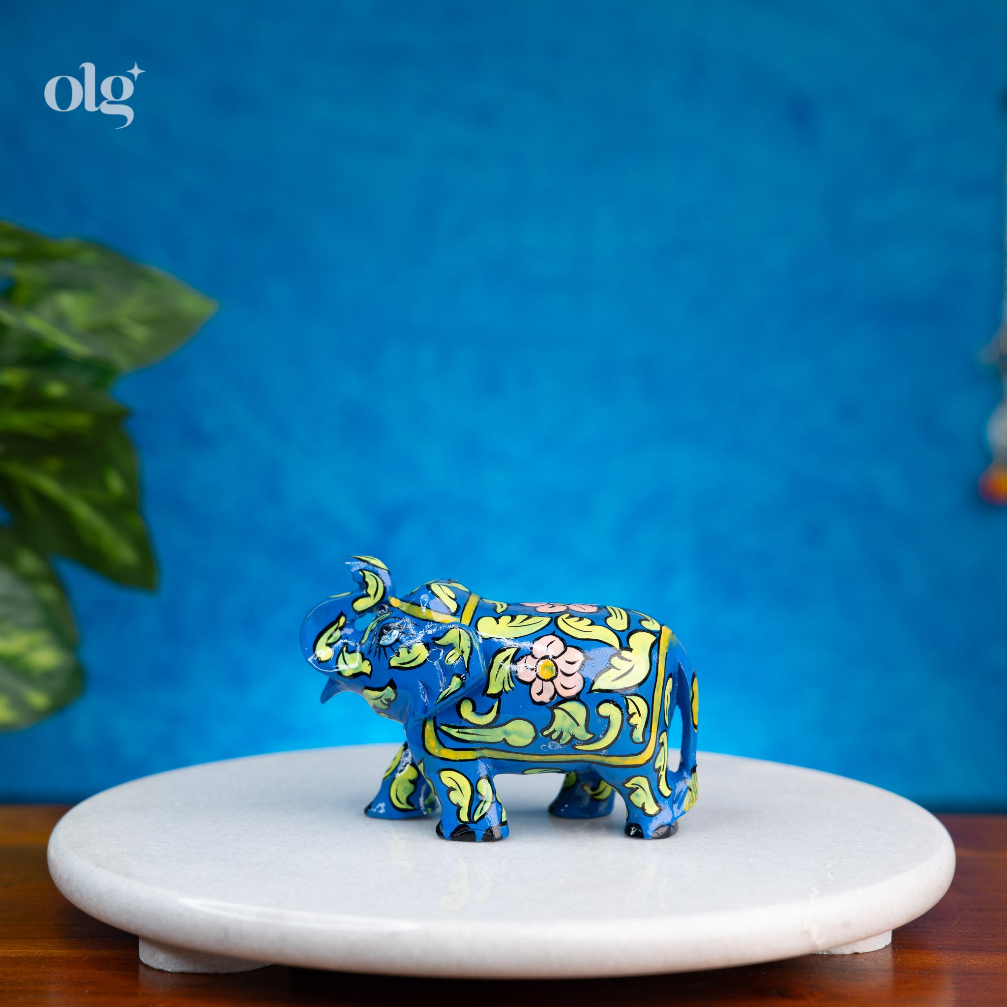 Hand-Painted Blue Wooden Elephant Figurine with Floral & Vine Art