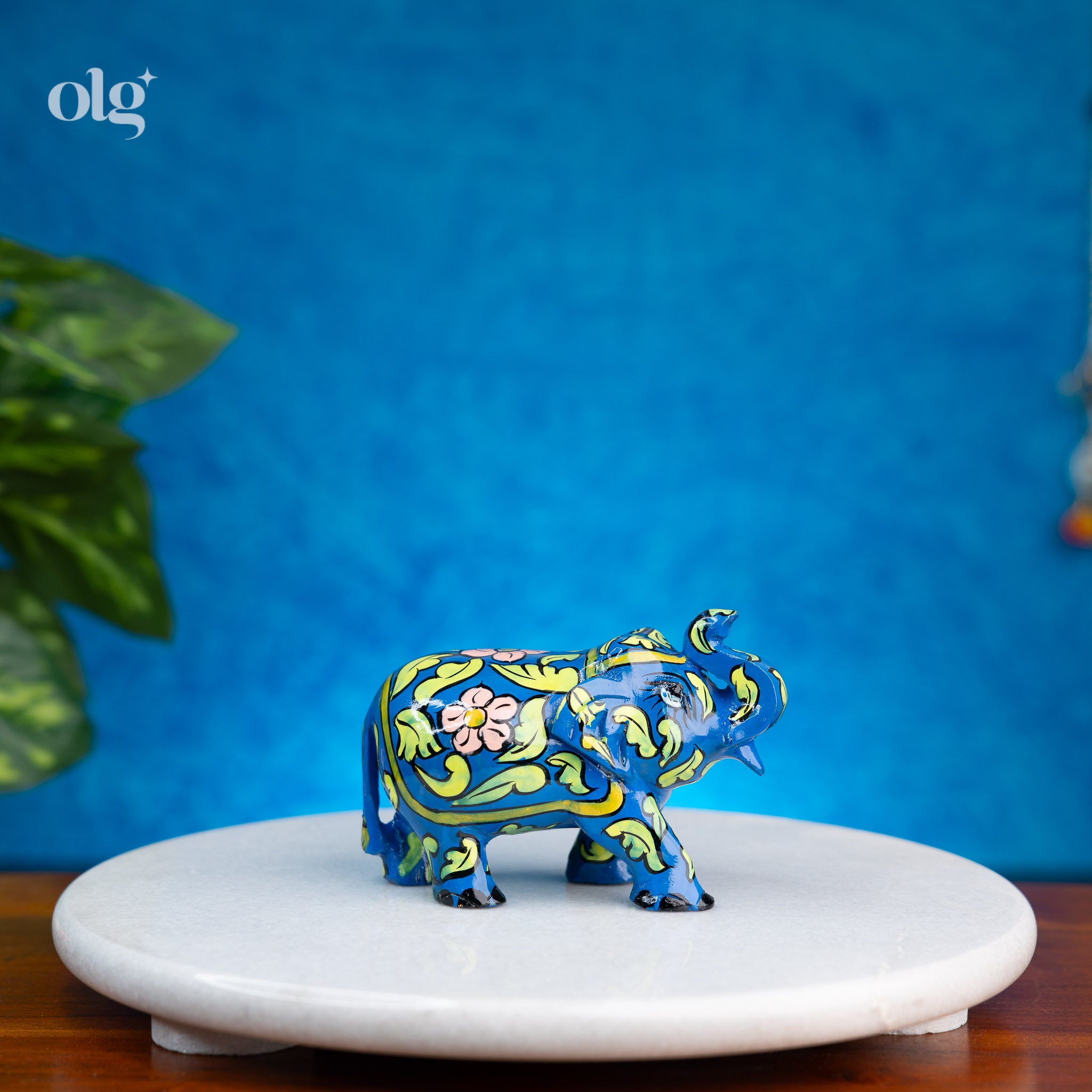 Hand-Painted Blue Wooden Elephant Figurine with Floral & Vine Art