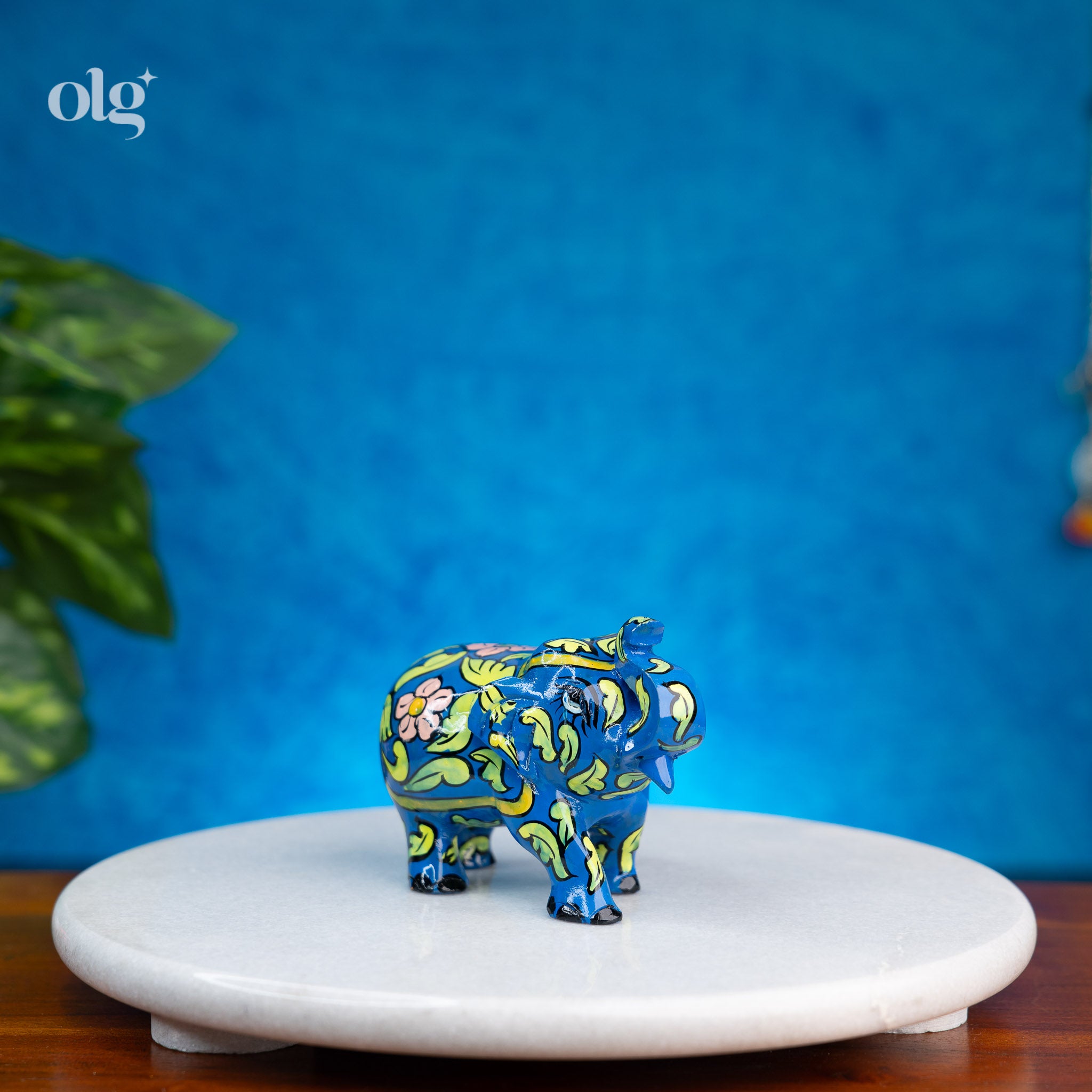 Hand-Painted Blue Wooden Elephant Figurine with Floral & Vine Art