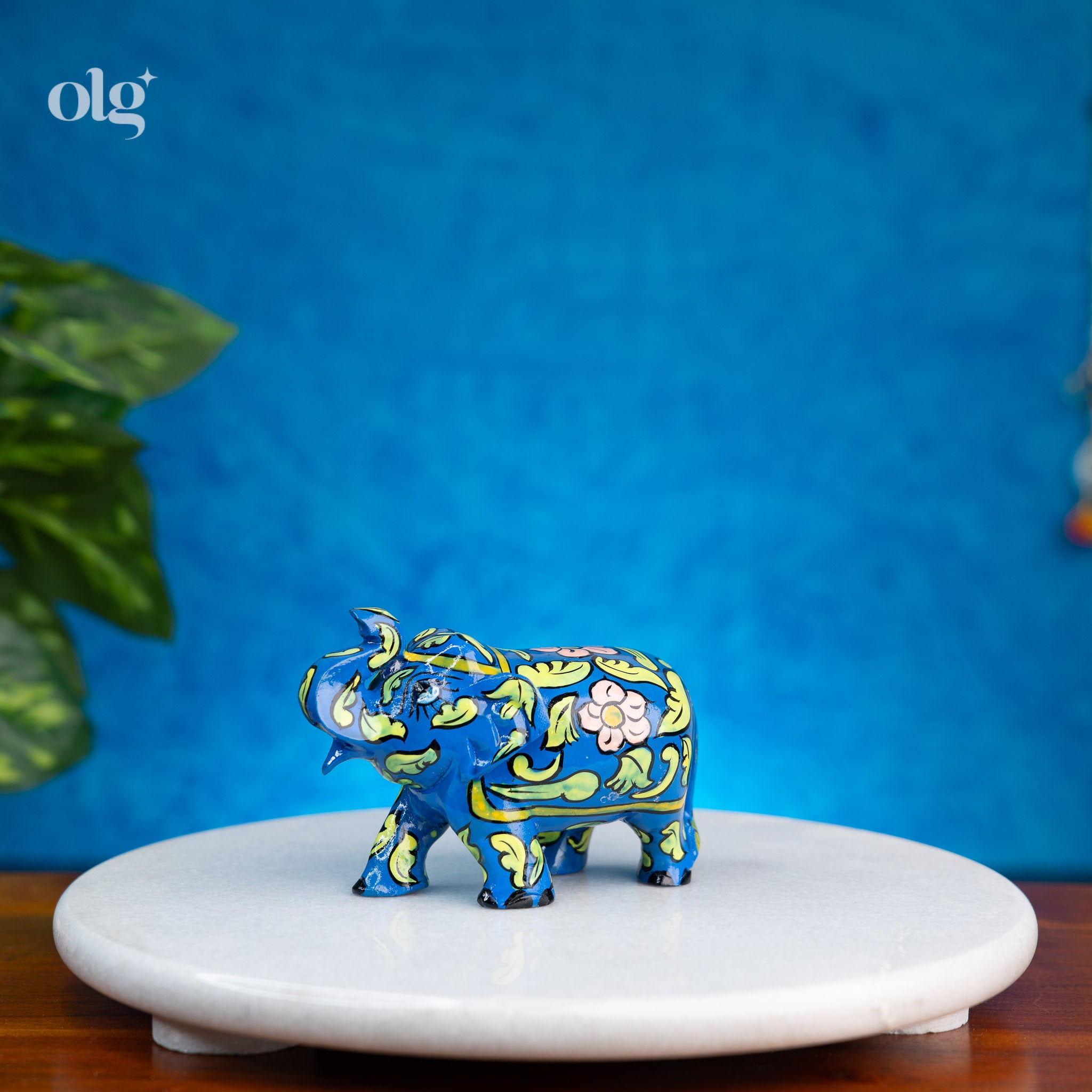 Hand-Painted Blue Wooden Elephant Figurine with Floral & Vine Art