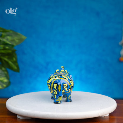 Hand-Painted Blue Wooden Elephant Figurine with Floral & Vine Art