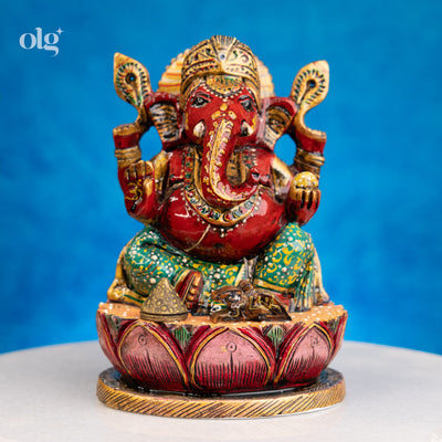 Hand-painted colorful kadam wood Ganesha idol on lotus base, 6 inch