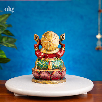 Hand-painted colorful kadam wood Ganesha idol on lotus base, 6 inch