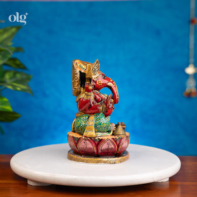 Hand-painted colorful kadam wood Ganesha idol on lotus base, 6 inch