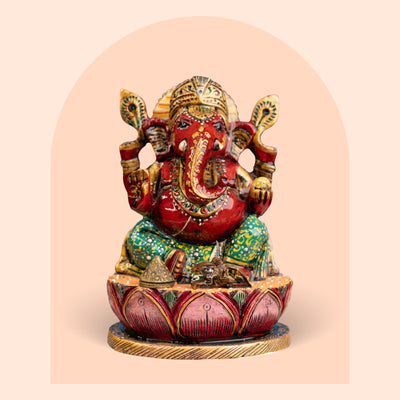 Hand-painted colorful kadam wood Ganesha idol on lotus base, 6 inch