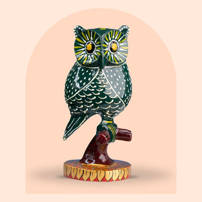 Hand-painted dark green kadam wood owl figurine on branch