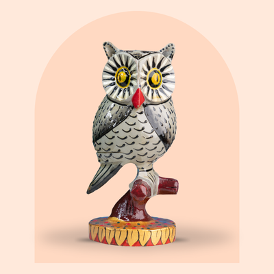 Hand-painted white and black wooden owl figurine on branch, 5 inch