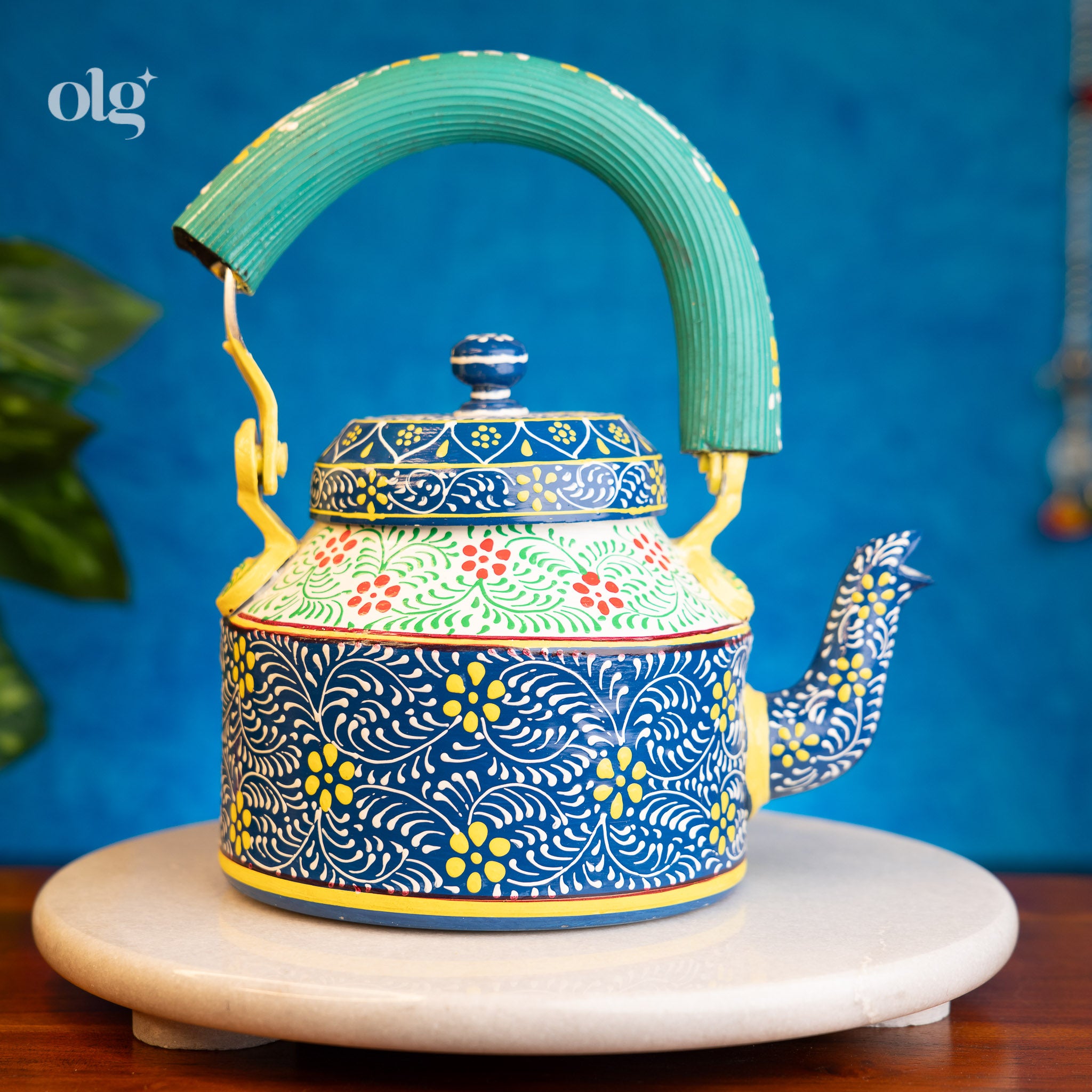 Hand-Painted Desi Indian Kettle & Glass Tea Set