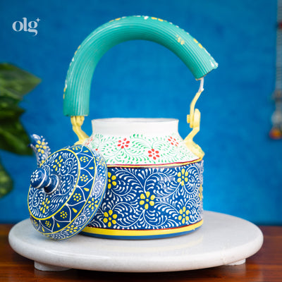 Hand-painted aluminium Indian kettle and glass tea set
