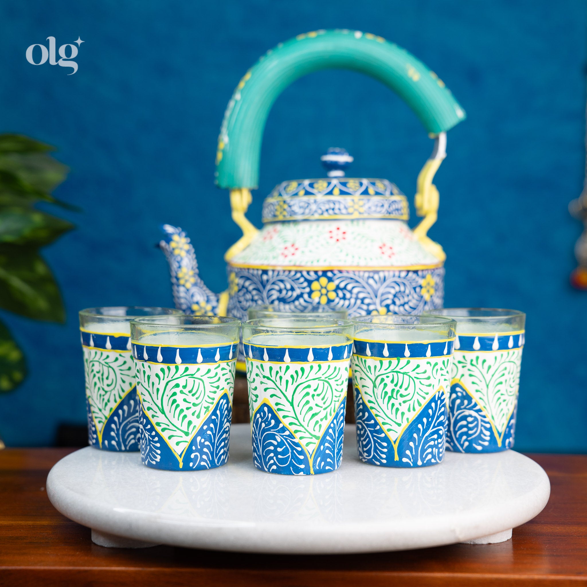 Hand-Painted Desi Indian Kettle & Glass Tea Set