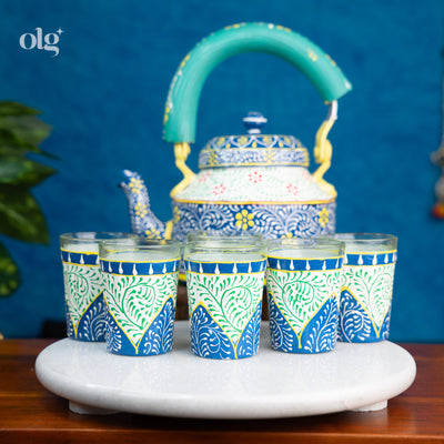 Hand-painted aluminium Indian kettle and glass tea set