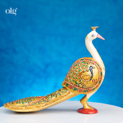 Hand-painted golden kadam wood peacock figurine