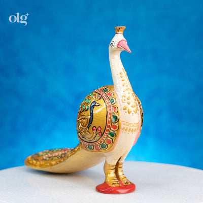 Hand-painted golden kadam wood peacock figurine