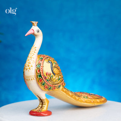 Hand-painted golden kadam wood peacock figurine